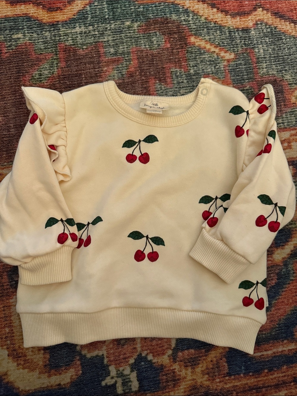 Cream Cherry Print Ruffle Sleeve Sweatshirt